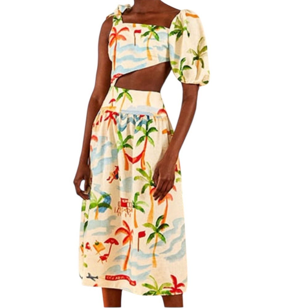 Farm Rio Copacabana One Shoulder Linen Blend Midi Dress Large New with Tag